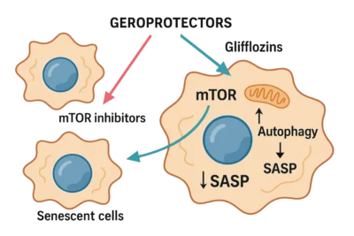 Mecanismo de ação da rapamicina (mTOR) e das gliflozinas (SGLT2)